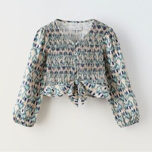 NWOT ZARA Kids Batik printed Smocked Long Seeve Top with Button Front and Tie